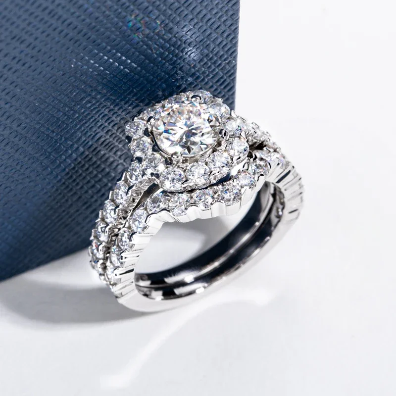 All Moissanite S925 Silver Wedding Ring Sets for Women Main Stone 1.0ct Round Cut D Color GRA Certificate