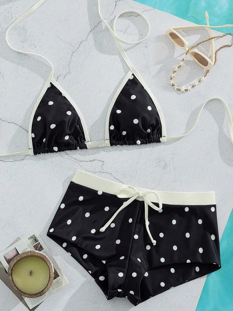 Damen Polka Dot Brazilian Bikini Set Sexy Triangel-Top mit freiliegendem Rücken Seitlich geschlitzter Tanga-Unterteil Zweiteiliger Badeanzug