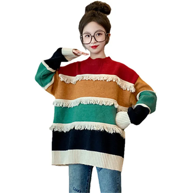 

2023 Kids Korean Sweaters Fashion Rainbow Tassel Pattern Teen Girls Autumn Winter Warm Thick Pullover Knitwear Clothes 5-14Years