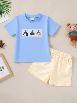 Baby Boy Summer Short Sleeve Animal Birthday Party Embroidered Pattern Shorts Set Infant Clothing Toddler Outfit