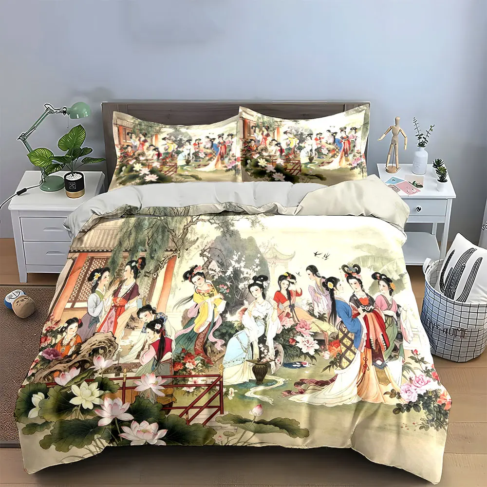 Chinese Ancient Painting Bedding Set,3pcs Elegant Traditional Lady Art Duvet Cover Set,Soft Home Decor Bedding for Bedroom,gift 3
