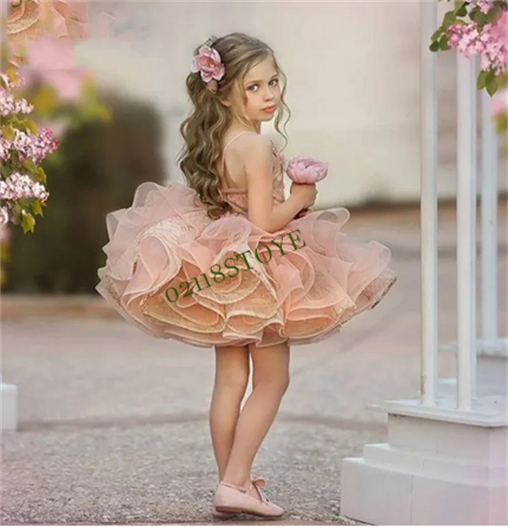 

Charming Flower Girl Dresses Puffy Skirt 3D Roses Lace Tulle Girls Pageant Gown First Communion Dress Christmas New Photo Shoot