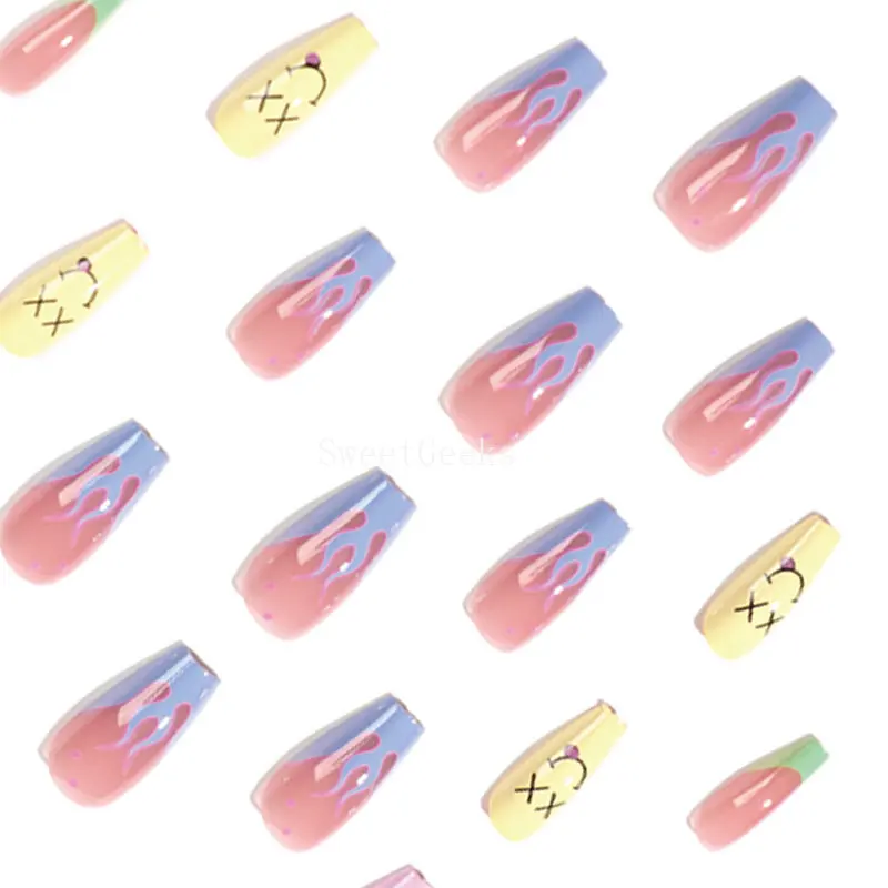 24pcs Green Edge French Blue False Nails Flame Smiley Lightning Nail Art  Manicure Medium Coffin New Pattern Design Nails - False Nails - AliExpress