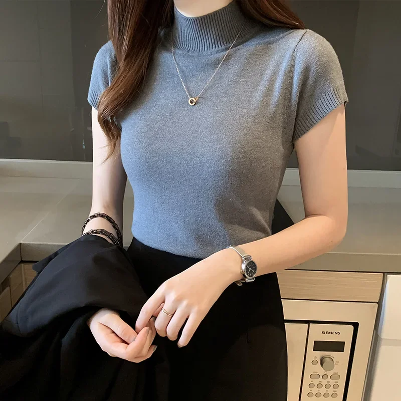 Summer Half Turtleneck Slim Knitted T-shirt Women Elegant Solid