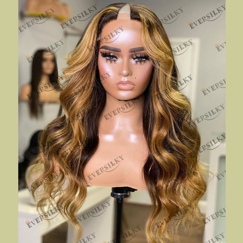 

Glueless 180Density Honey Blonde Long Wavy Human Hair 1x4 Middle V Part Wigs for Black Women Adjustable U Part Wigs Natural Look