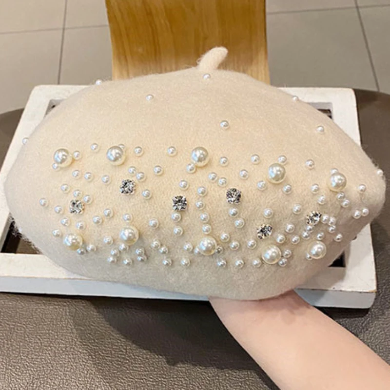 

Women Berets Cap Elegant Thick Wool Pearls Beads Winter Hats Skullies Warm Beanies Vintage Cashmere Female Flat Solid Caps