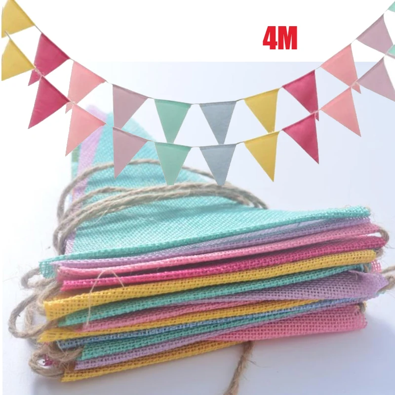Burlap Linen Bunting Flags Vintage Colorful For Happy Birthday Party Wedding Decoration Candy Bar