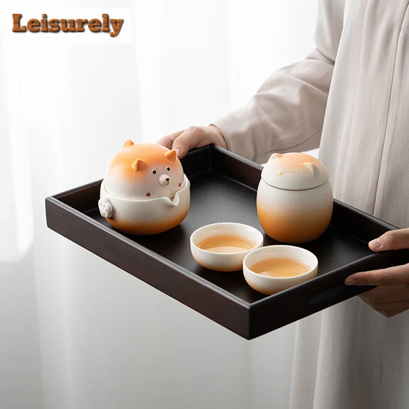 Shiba Inu Gradient Color Travel Tea Set Kit Handmade 1 Pot 3 Cups Tea Maker Organizer Portable Camping Tote Bag Decoration Craft
