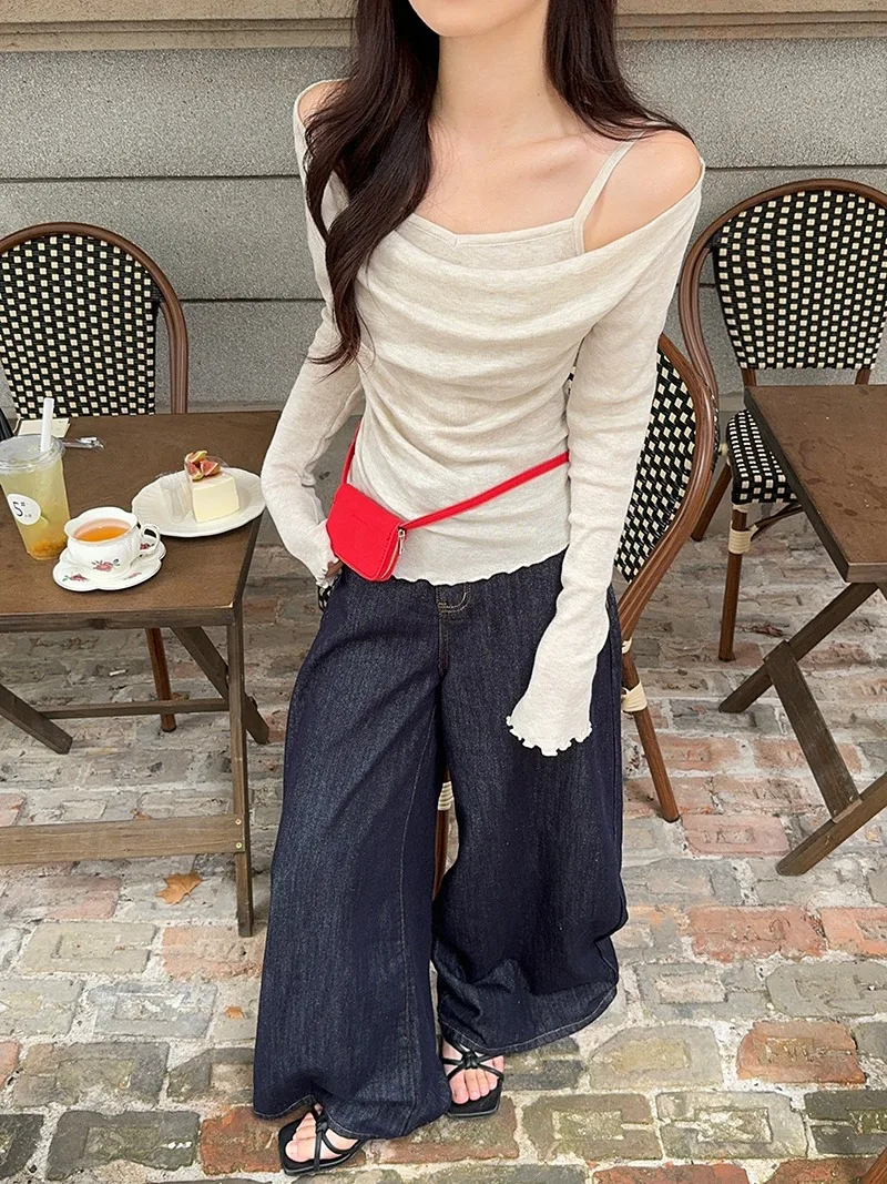 Fake Two-piece Off Shoulder Long Sleeve T-shirt Women's Sexy Slash Neck Flare Sleeve Base Shirt Top Autumn Casual Slim Fit Tops