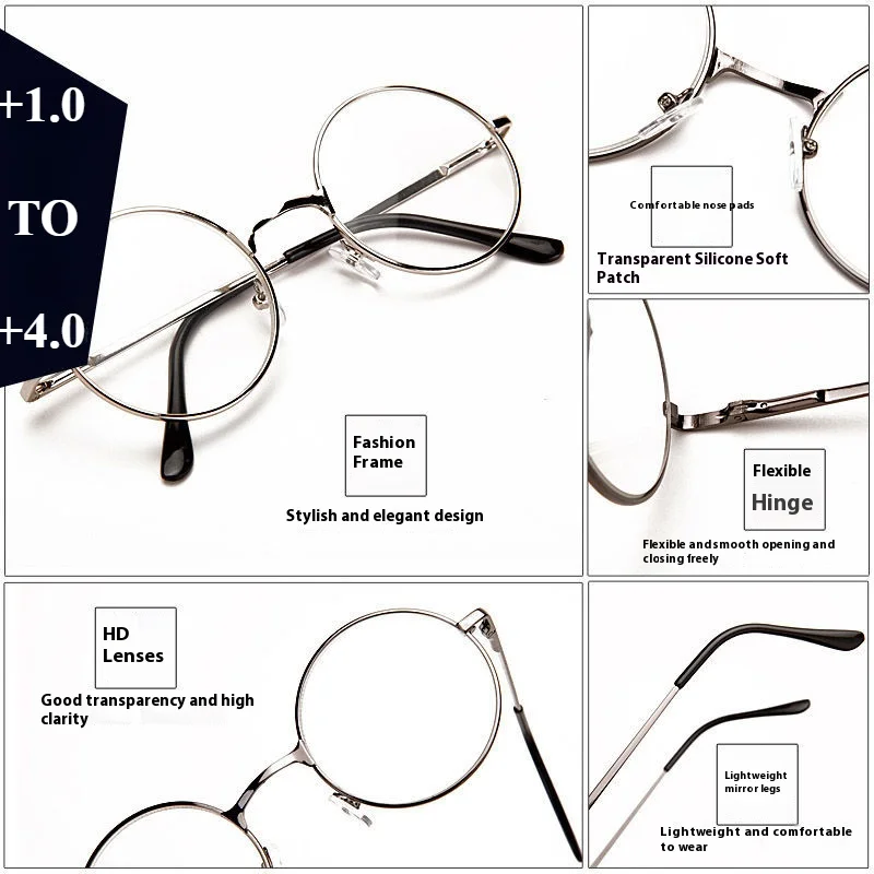 Retro Round Reading Glasses - Full Rim Metal Frame Blue Light Eyewear +4.00 Magnification