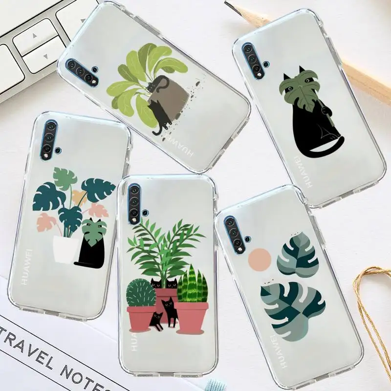 Cat Plant Banana Palm Leaves Custodia Per Telefono Trasparente Per Huawei Honor P Mate Y 30 40 20 50 8 70 10 9 A I X C Pro Lite Prime Smart