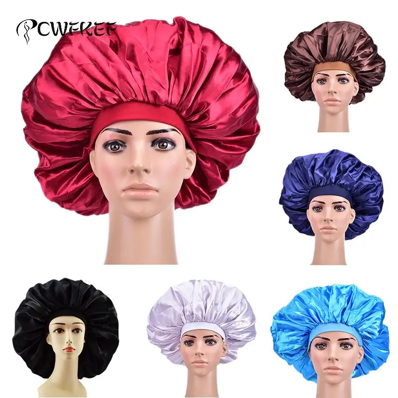 Extra Large Print Satin Silky Bonnet Sleep Cap With Premium Elastic Band For Women Solid Color Head Wrap