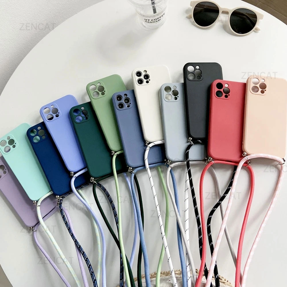 Crossbody Necklace Strap Lanyard Cord Liquid Silicone Phone Case For Iphone 13 12 Mini 11 Pro X