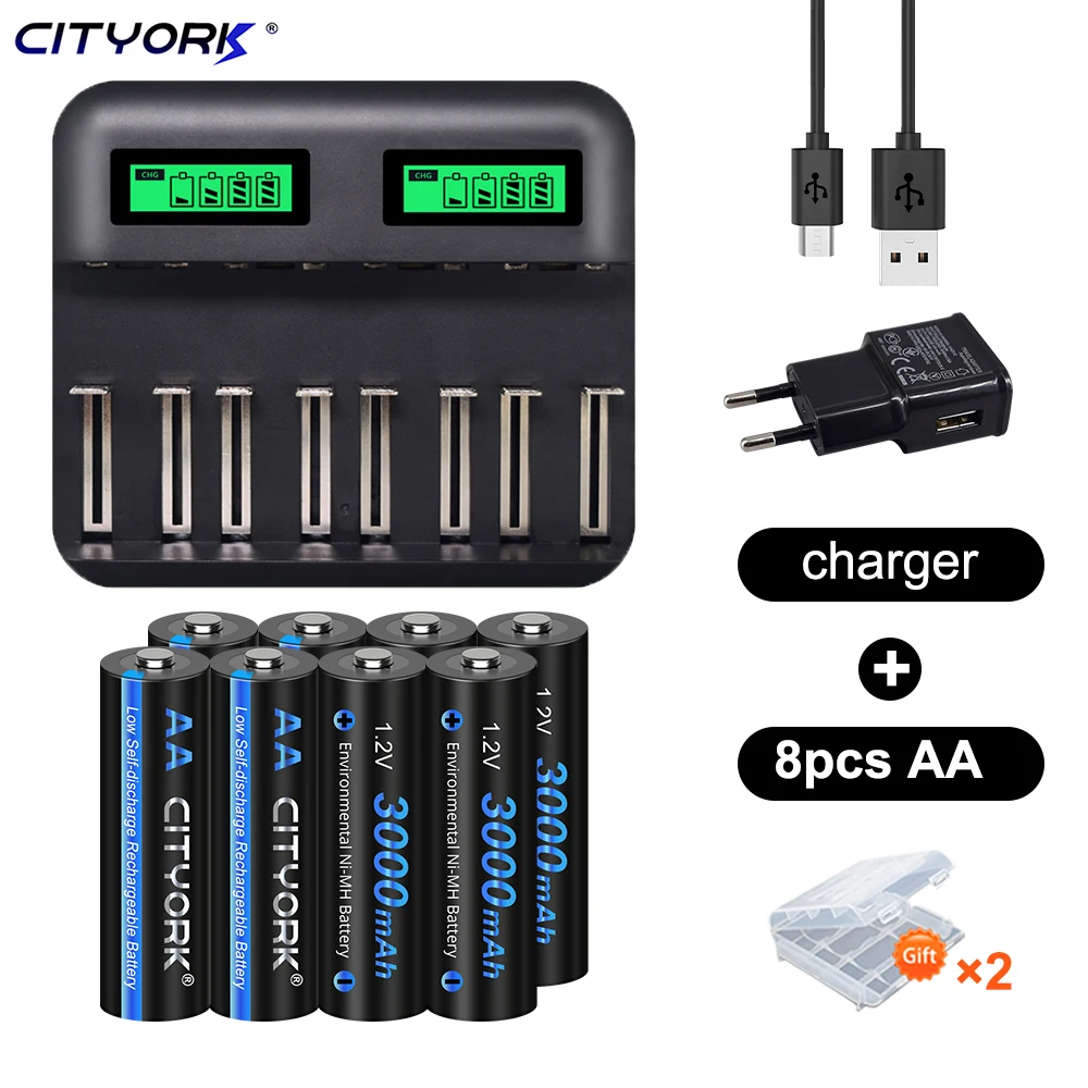 

CITYORK 8-24pcs AA Battery 1.2V Ni-MH AA Rechargeable Batteries 3000mAh 2A For Flashlight,Mouse+LCD USB Battery Charger