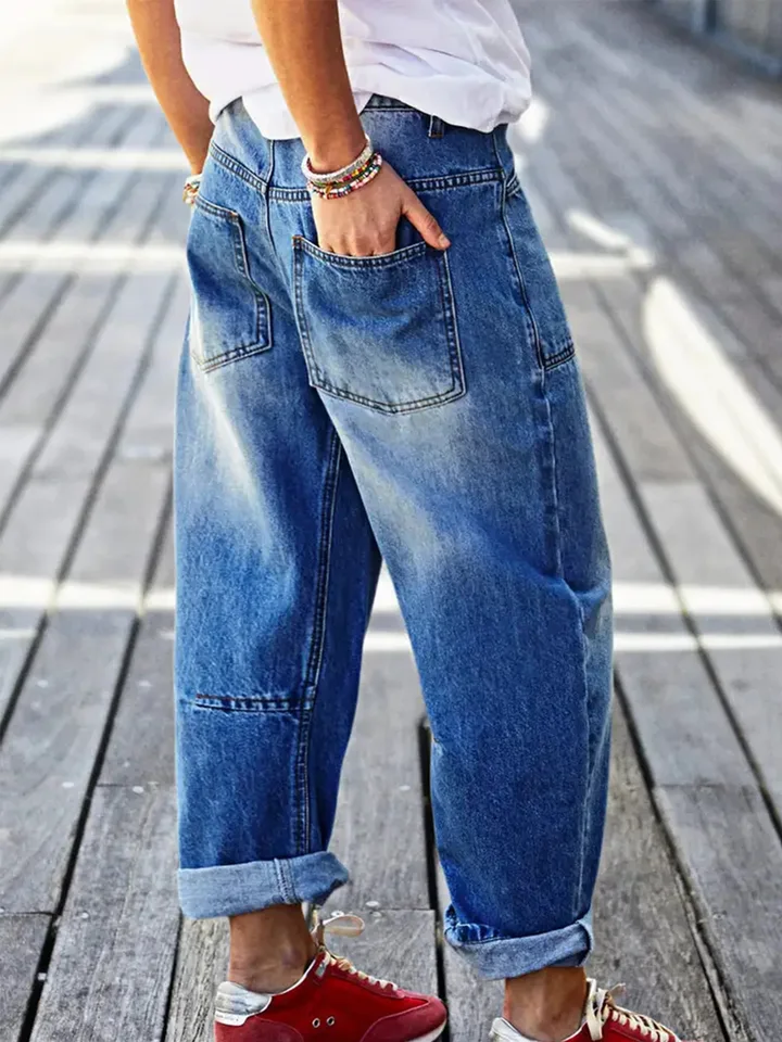 Stylish Mid Waist Cuffed Blue Jeans for Women