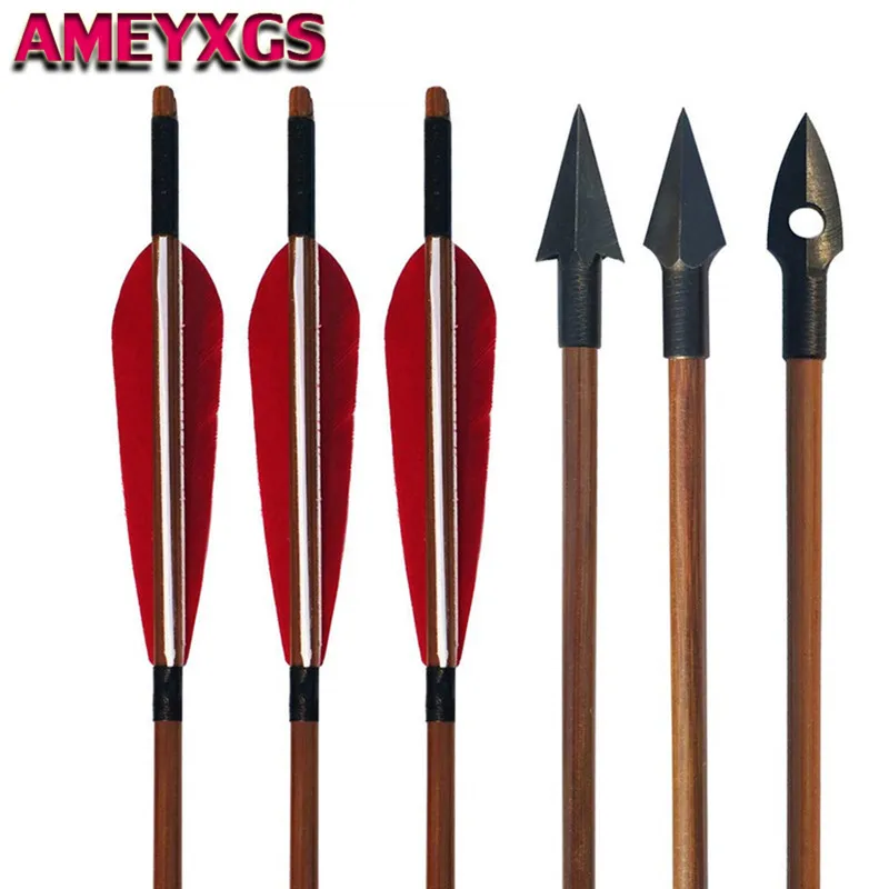 

6pcs Archery Bamboo Arrows Handmade 5" Turkey Feather With Hunting Broadhead Bamboo Arrow Outdoor Hunting Shooting Accessories