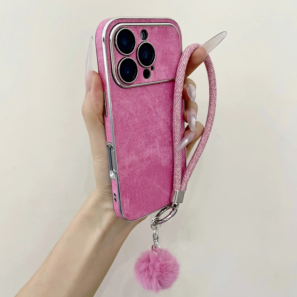 Luxury Jeans Denim Phone Case with Lanyard Wrist Strap and Matte Back Cover