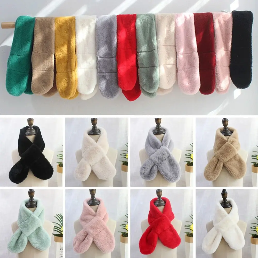 Cute Solid Color Cross Scarf Faux Rabbit Fur Plush Thicken Neck Scarf Neckerchief Wrap Boys