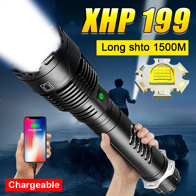 

XHP199 High Power Flashlight Outdoor Camping Fishing Zoom Handlamp Rechargeable Waterproof Lantern Powerful Tactical Torch 18650