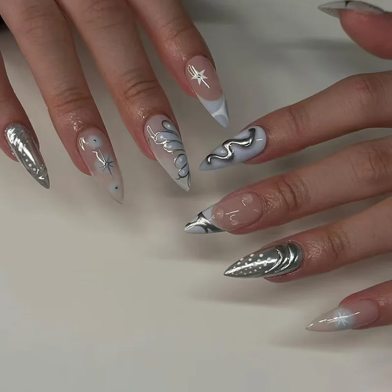 Stiletto False Nails With Blue French Leopard Print Design Set_voghion.com