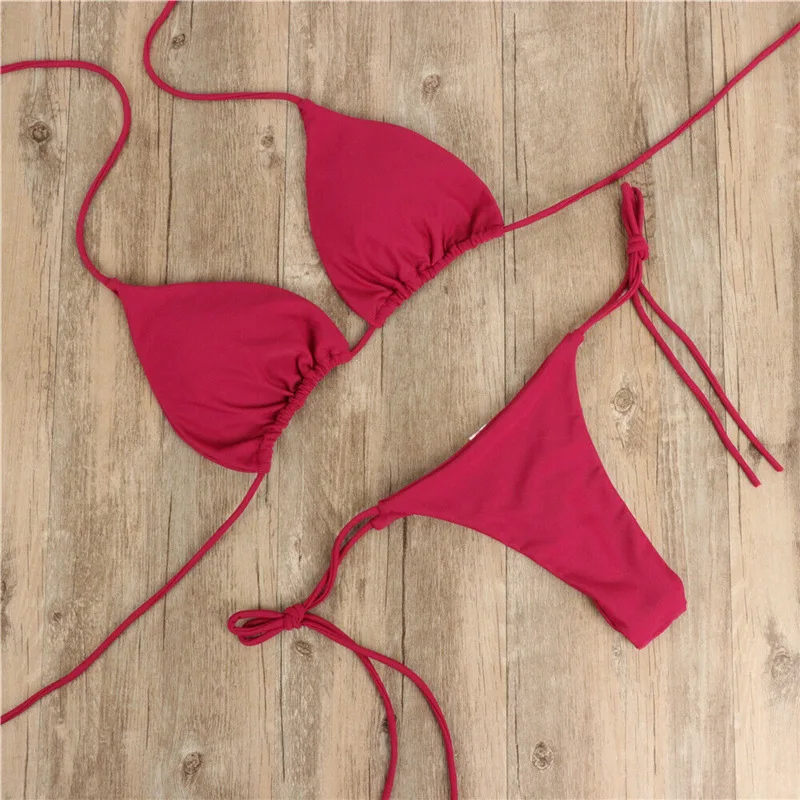 Maillot de bain Sexy couleur solide, Bikini, string, 2 pièces 5