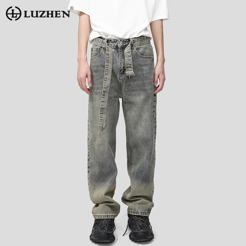 

LUZHEN Trendy Men Baggy Jeans Hip Hop Retro Belt Niche Design Wide Leg Denim Pants Fashion Vintage Casual Gradual Trouser D4e056