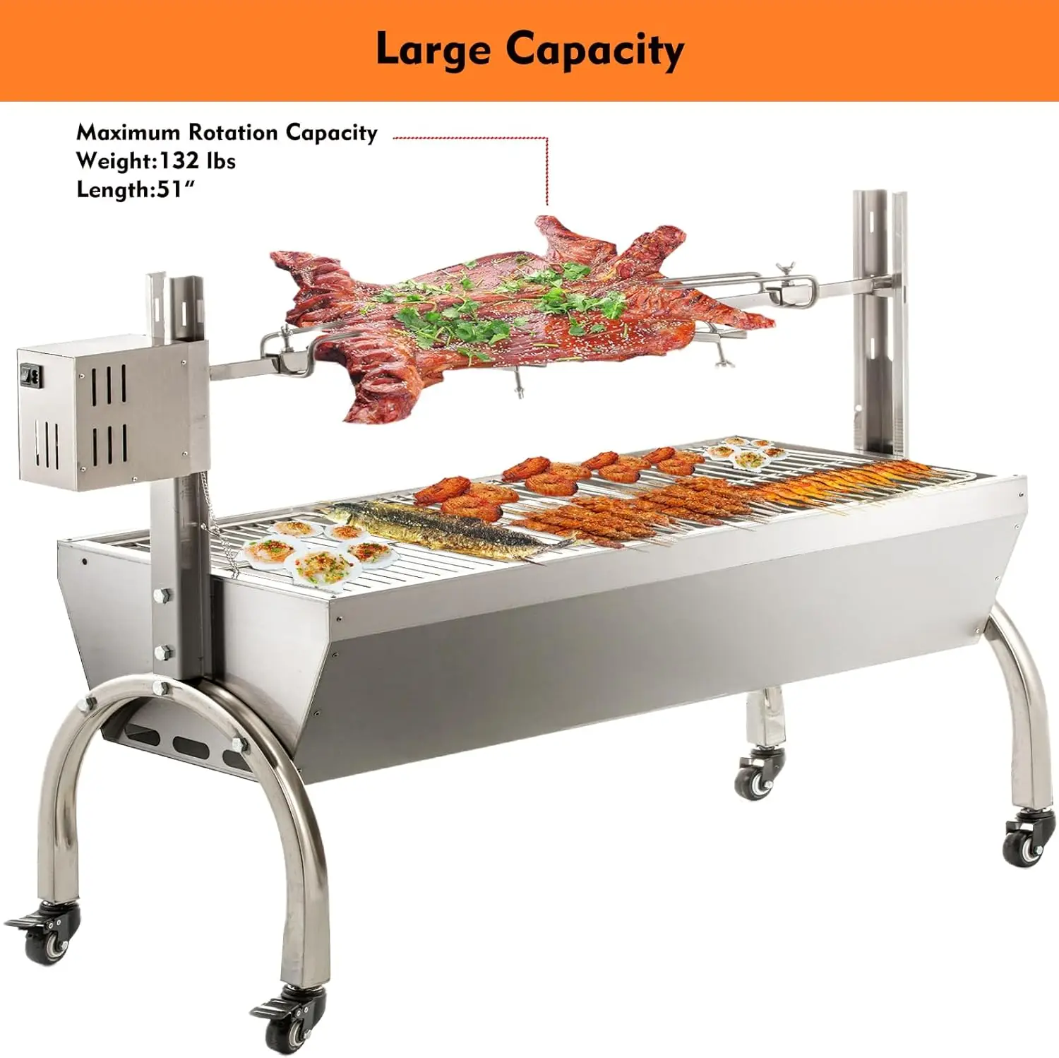 Wind Screen Roaster 51 Inch BBQ Outdoor Pig Lamb Rotisserie Roaster 132LBS/60KG Stainless Steel Charcoal Spit Rotisserie Roaster 2