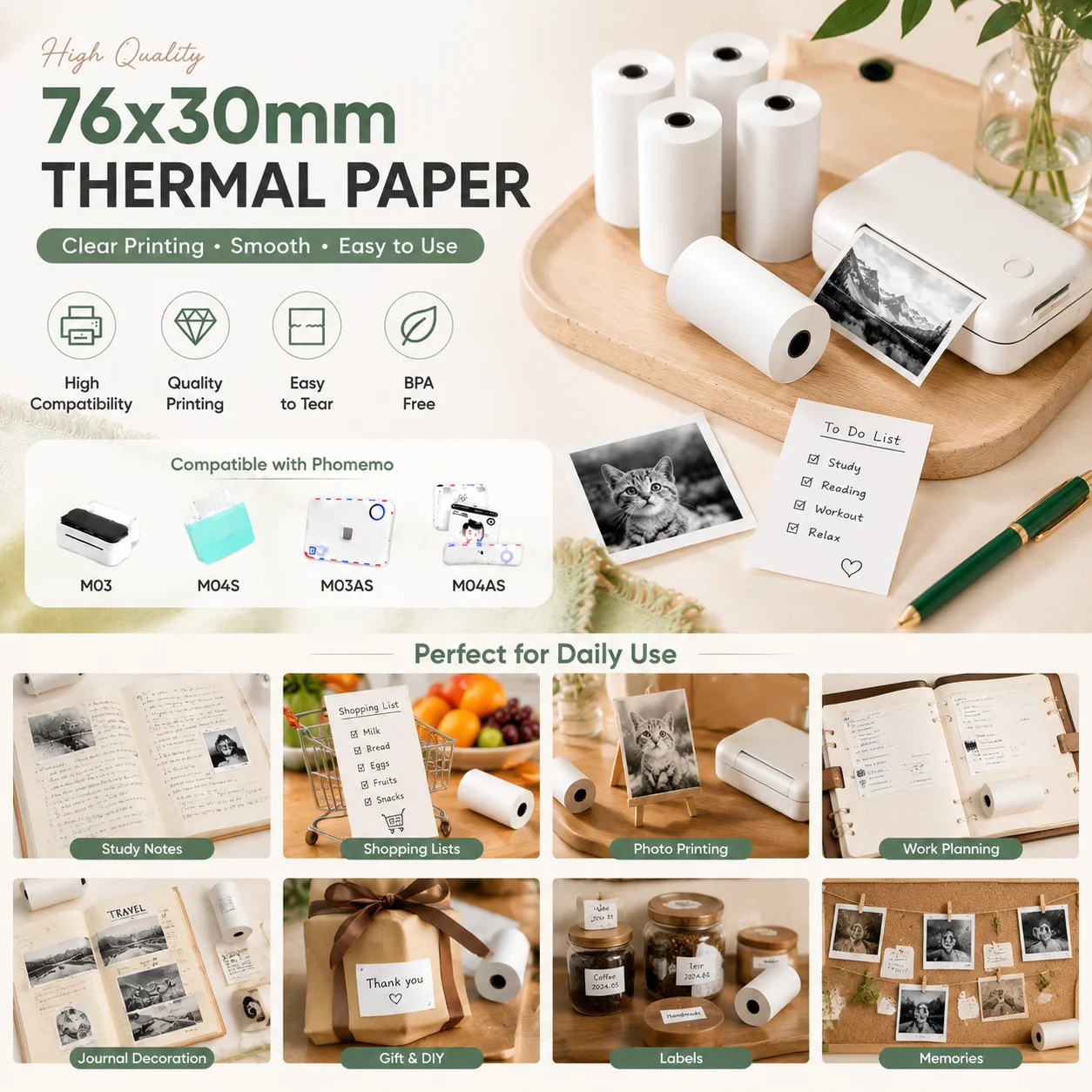 5롤 프리미엄 76X30mm흰색 감열지 롤 비접착성 잉크 프리 미니 인스턴트 프린터 용지 홈 오피스 사진 저널 DIY용