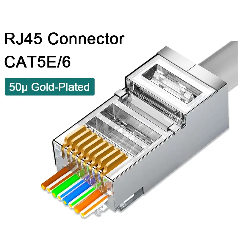 

CAT5E/6/7,Rj45 shielded through connector module straight plug,UTP 3/50μgold plated 8P8C, Ethernet LAN cable crimp terminal