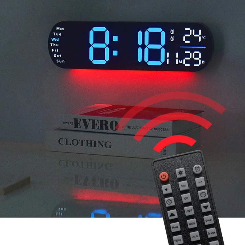 Digital Wall Clock Large LED Screen Temperature Humidity Display Electronic Alarm Clock Creative Home Decoration Remote Control 5