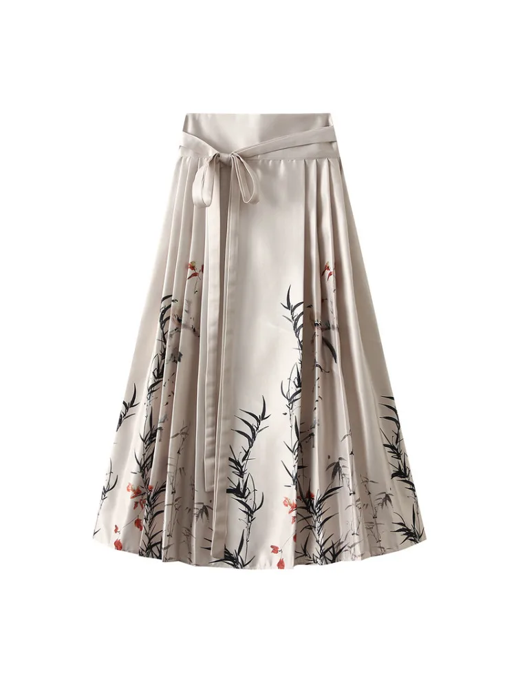 

2024 New Chinese Floral Bird Skirt Women Autumn Winter Y2K Retro High Waist Pleated Temperament All Match One-piece Print Skirts