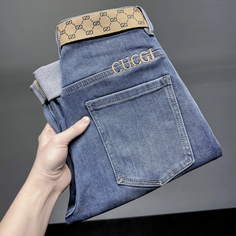 High Quality Spring Four Seasons New Blue Stretch Pencil Pants Men's Washed Jeans9Cropped Pants Fashion
