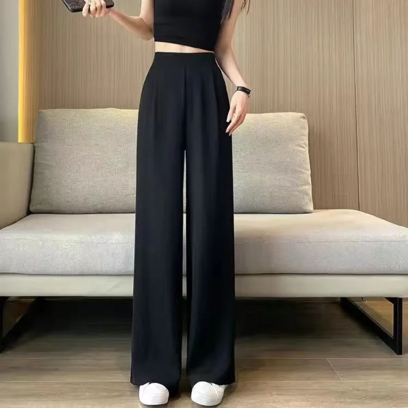 Women Summer Korean New Ice Silk High Waist Elastic Pants Fashion Temperament Pocket Solid Color Large Versatile Wide Leg Pants