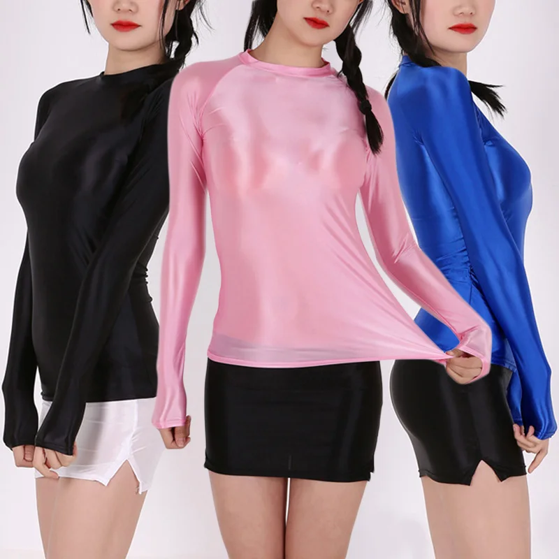 

Sports Tight Top Comfortable Breathable Women Thin T-shirt Glossy Oil Shiny Slim Fit Transparent