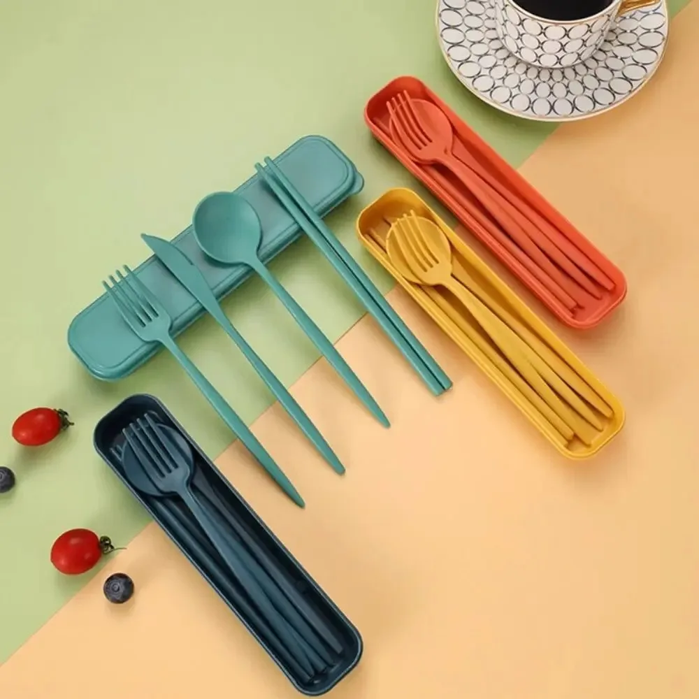 Cutlery Set Western Style Cutlery Set Picnic Cutlery Set Picnic Tableware Camping Cutlery Set Wooden Cutlery Set 4-Piece Portable Utensils Wheat Straw Chopstick Fork Knife Spoon Set
