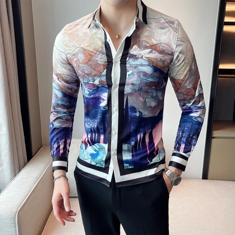 

Men's printed shirt, casual long sleeve shirt, business shirt, formal, street wear, social party dress