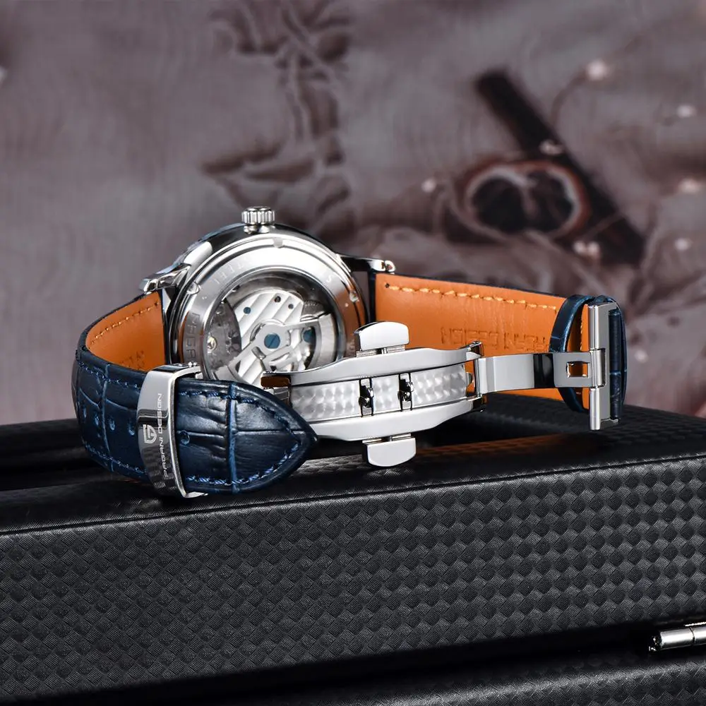 PAGANI DESIGN 42mm Mechanical Watch Automatic Movement Tourbillon Watch Stainless Steel 100m Waterproof PU Leather Strap
