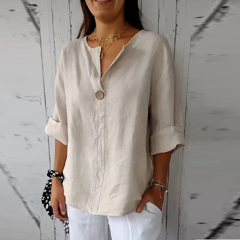 Zanzea Womens Casual Solid Color Blouse, 3/4 Sleeve Button-Down Linen Tunic Top For Summer:Apparel