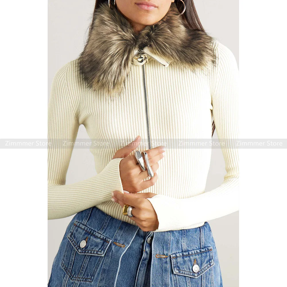 

23 Autumn and winter new American retro style fur collar splicing knitted jumpsuit hit the colour zip thin long-sleeved blouse