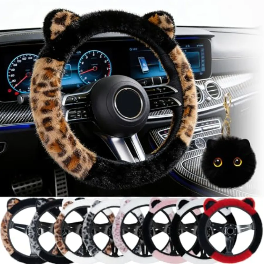 Car Steering Wheel Cover 14-15 inch Fluffy Leopard Steering Wheel Covers with Cute Ears Keychain Universal Elastic Steering Whe