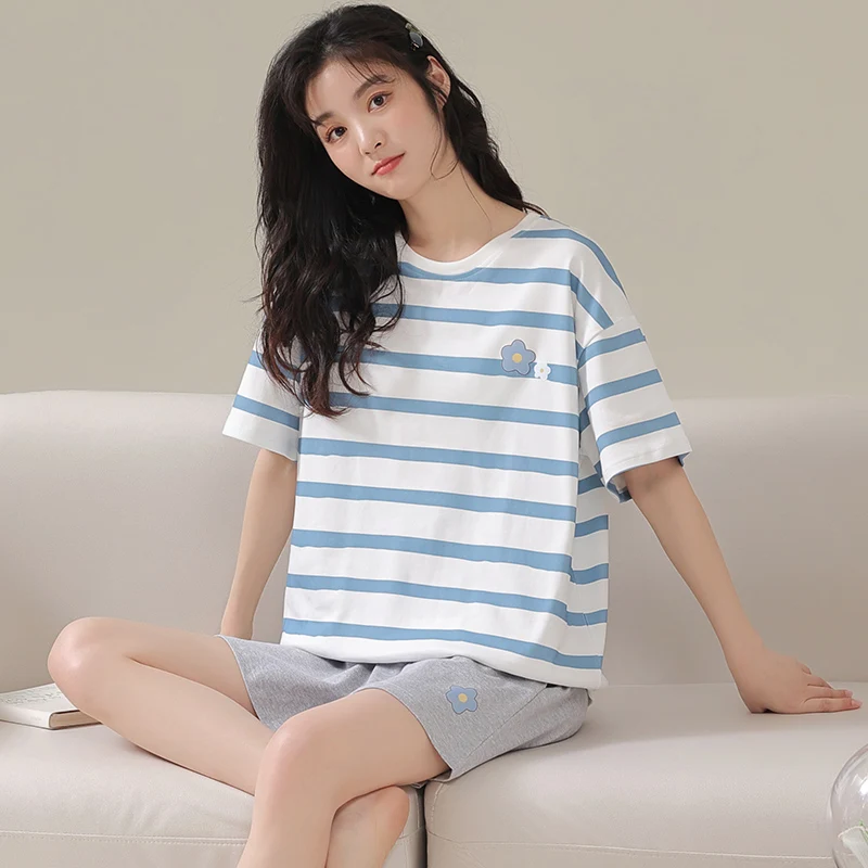 Knitted cotton women's pajamas double short suit 2024 summer new short-sleeved shorts casual simple stripe fashion home suit