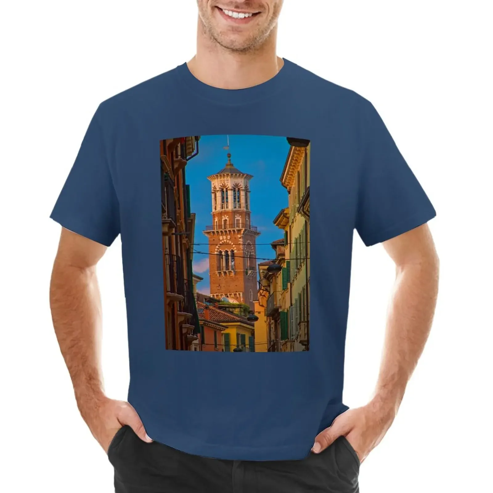 Italia. Verona. Torre Dei Lamberti. T-Shirt Blacks Boys Whites Plain Abbigliamento Da Uomo