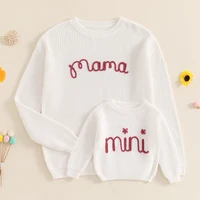 Suefunskry Family Matching Sweaters 1PC Mommy and Me Letter Embroidery Knitwear Long Sleeve Round Neck Warm Pullover Tops 1