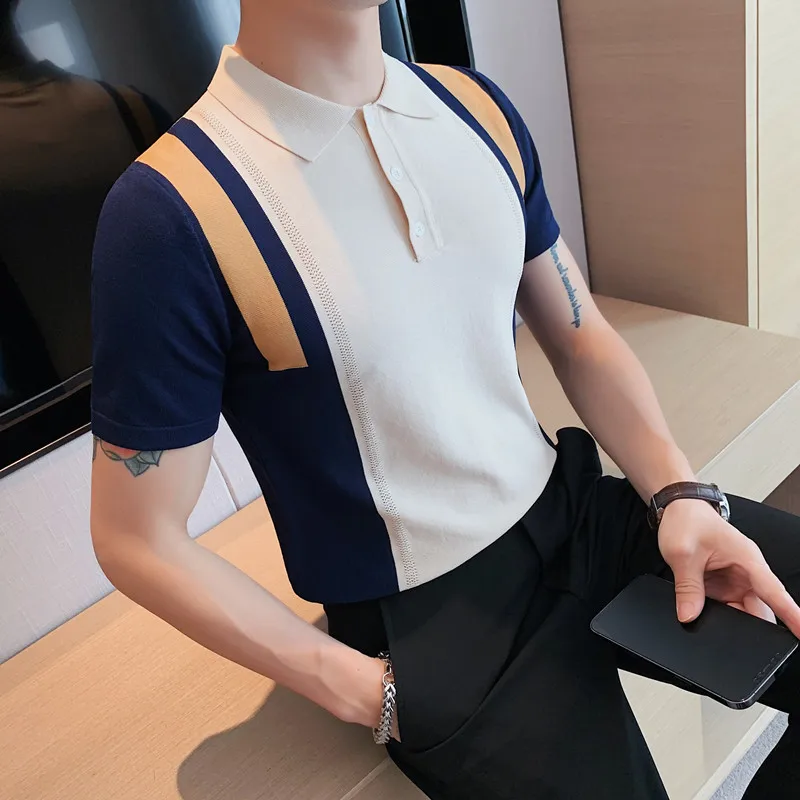 

2023 British Style POLO Shirt Mens Summer Short Sleeve Knitting Tee Fashion Lapel Solid Color Slim Fit Business Casual Polos 4XL