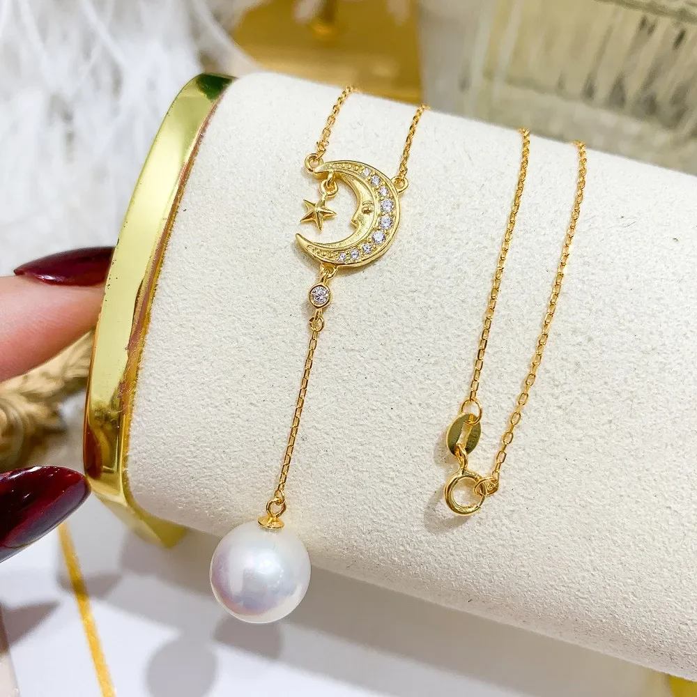 

DIY Pearl Accessories S925 Sterling Silver Set Chain Empty Gold Silver Pendant with Silver Chain Fit 9-13mm Round L051