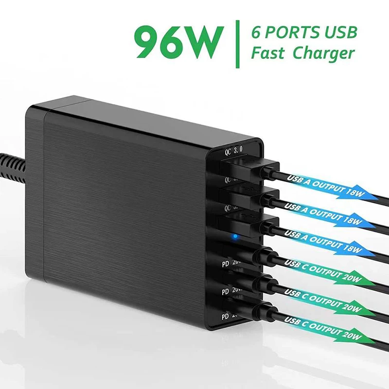 USB C Charger,100W 6 Port Charging Station with 3 USB C Ports and 3 QC USB  A Ports, Portable PD Fast USB C Wall Charger for iPhone