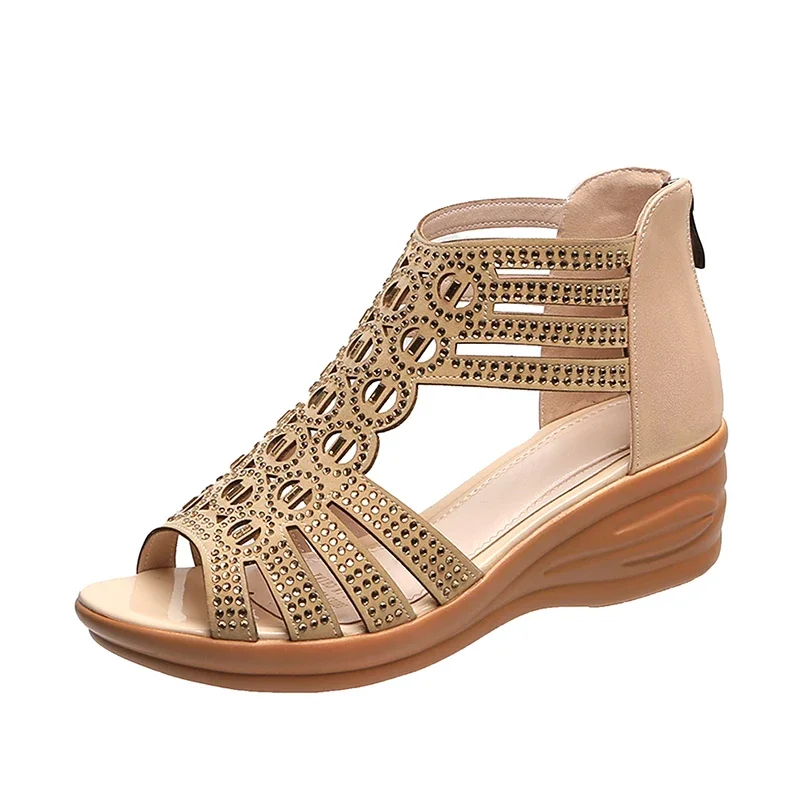 Crystal Sandals Women Wedges Comfortable High Heels Hollow Out Zipper Sandals Flat Stylish