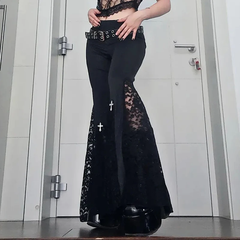 Y2K Gothic Black Lace Mesh Flared Pants Sexy Harajuku
