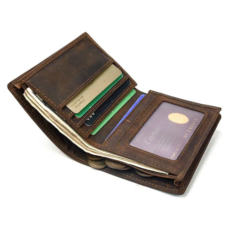 Vintage Men's Leather Wallet Crazy Horse Skin Vertical Wallet Head Layer Cowhide Multi-card Change Card Bag