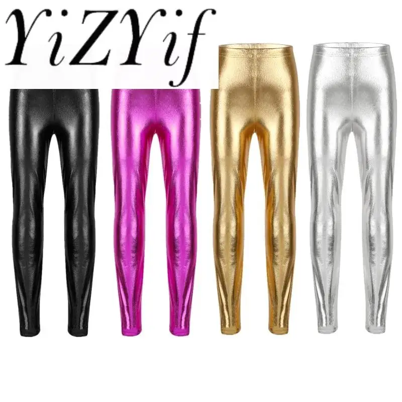 

YiZYiF Girls Metallic Color Pants Shiny Stretch Leggings Skinny Pants Jazz Leggings Ballet Costumes Kids Jazz Dance Competitions